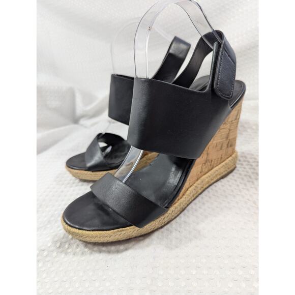 CHARLES DAVID! BLACK GENUINE LEATHER ESPADRILLE TRIM, CORK WEDGE HEELS! SZ 10M - Picture 6 of 11